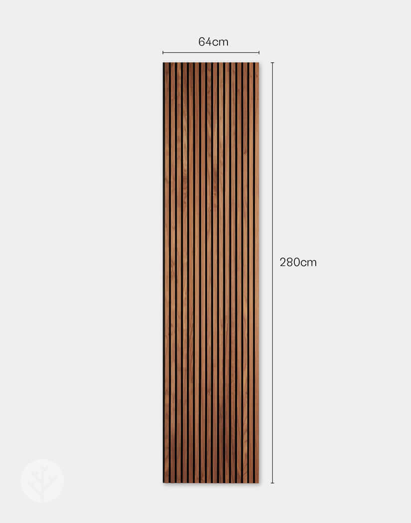 Natural walnut acoustic slat wood wall panel with elegant grain, ideal for interior wall panelling, measuring 64cm x 280cm.