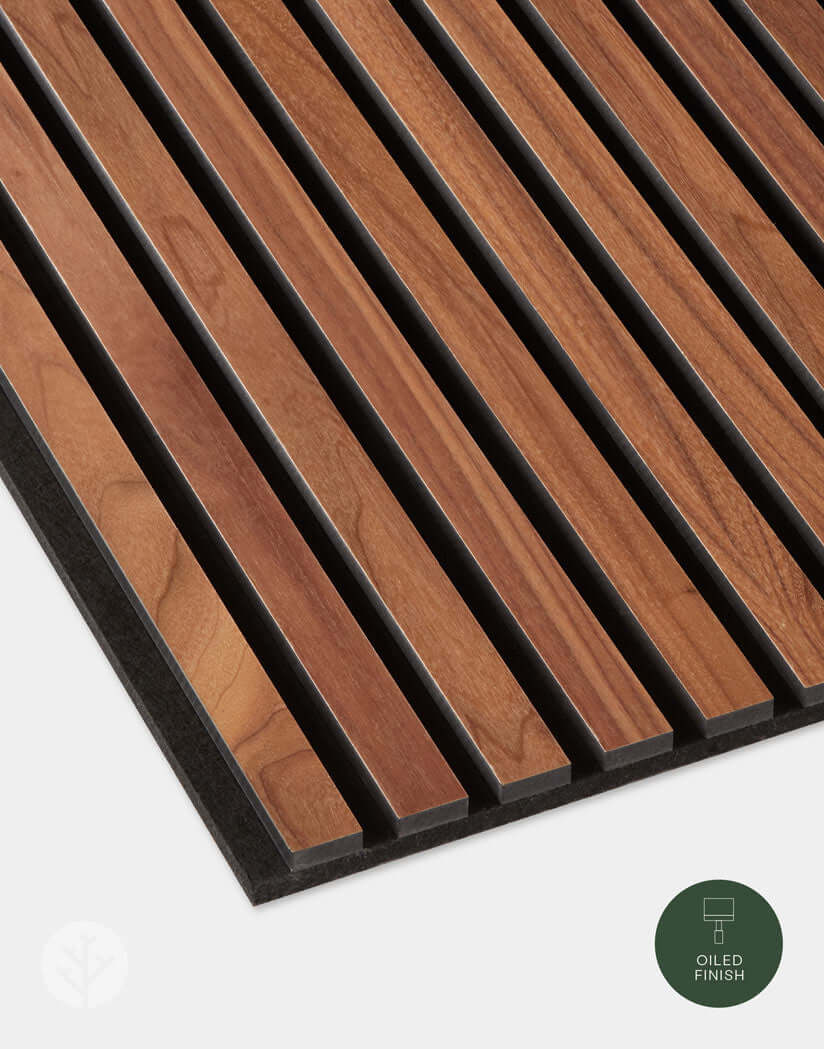 Natural Walnut Acoustic Slat Wood Wall Panel with oiled finish, ideal for enhancing interior spaces with rich tones and acoustic benefits.
