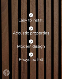 Natural Walnut Acoustic Slat Wall Panels with easy installation, acoustic properties, modern design, and recycled felt features.