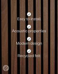 Natural Walnut Acoustic Slat Wall Panels with easy installation, acoustic properties, modern design, and recycled felt features.