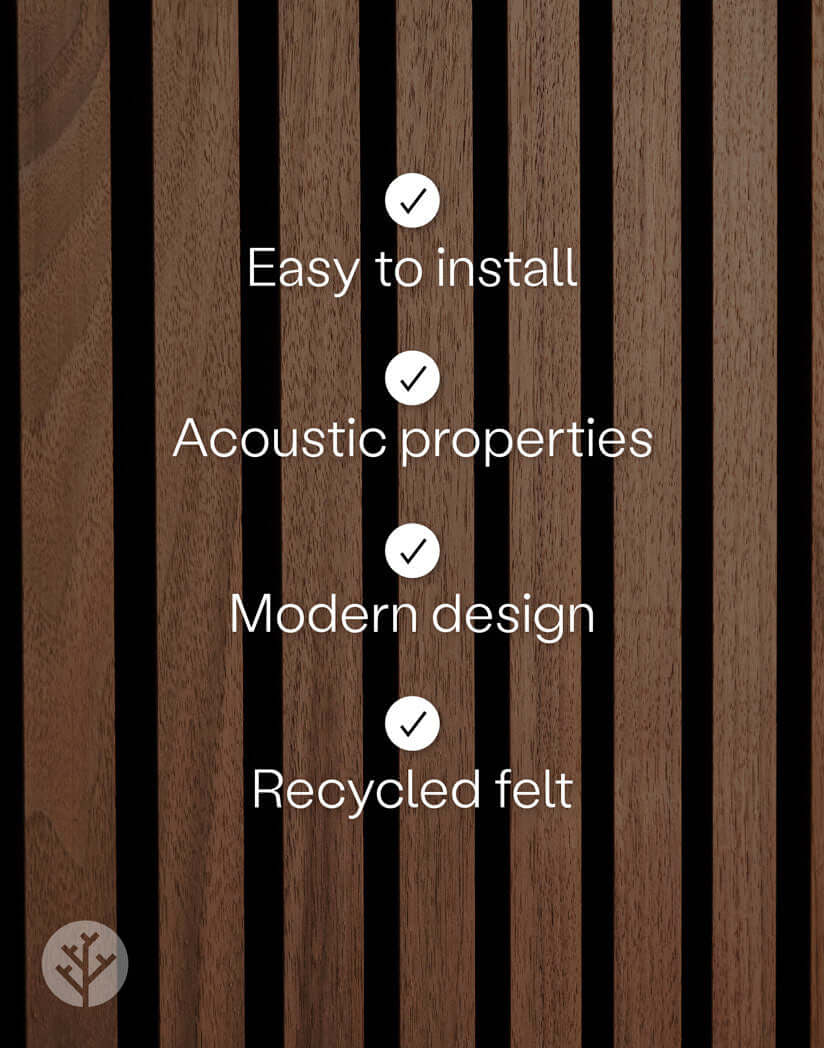 Natural Walnut Acoustic Slat Wall Panels with easy installation, acoustic properties, modern design, and recycled felt features.