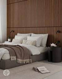 Bedroom featuring Natural Walnut Acoustic Slat Wood Wall Panels, enhancing interior with warm elegance and acoustic benefits.