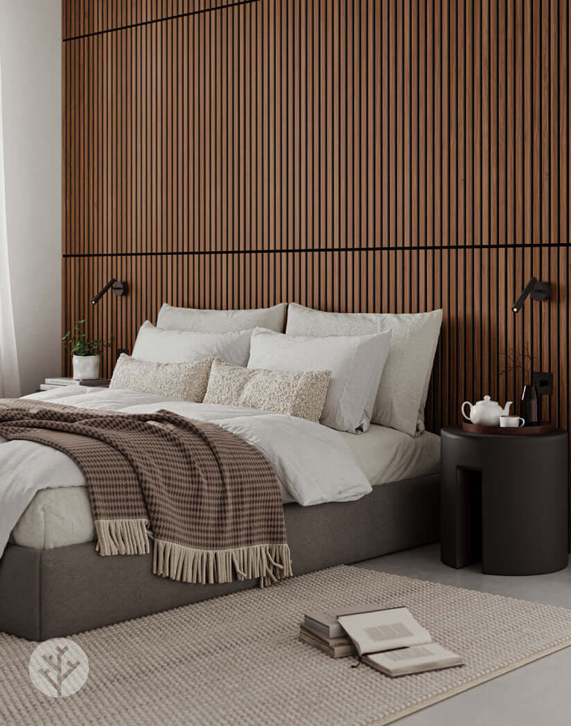 Bedroom featuring Natural Walnut Acoustic Slat Wood Wall Panels, enhancing interior with warm elegance and acoustic benefits.