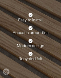 Close-up of Natural Oak Grey Felt Acoustic Slat Wall Panels showcasing easy installation, acoustic properties, modern design, and recycled felt.