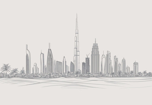 Illustration of a modern city skyline with tall skyscrapers and palm trees, showcasing urban architecture and design.