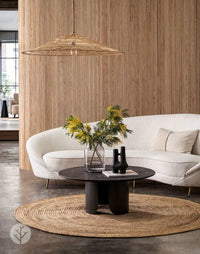 Modern living room with Oak Mini-Ridge Flexible Tambour Wood Panels showcasing luxury wall design and elegant decor elements.