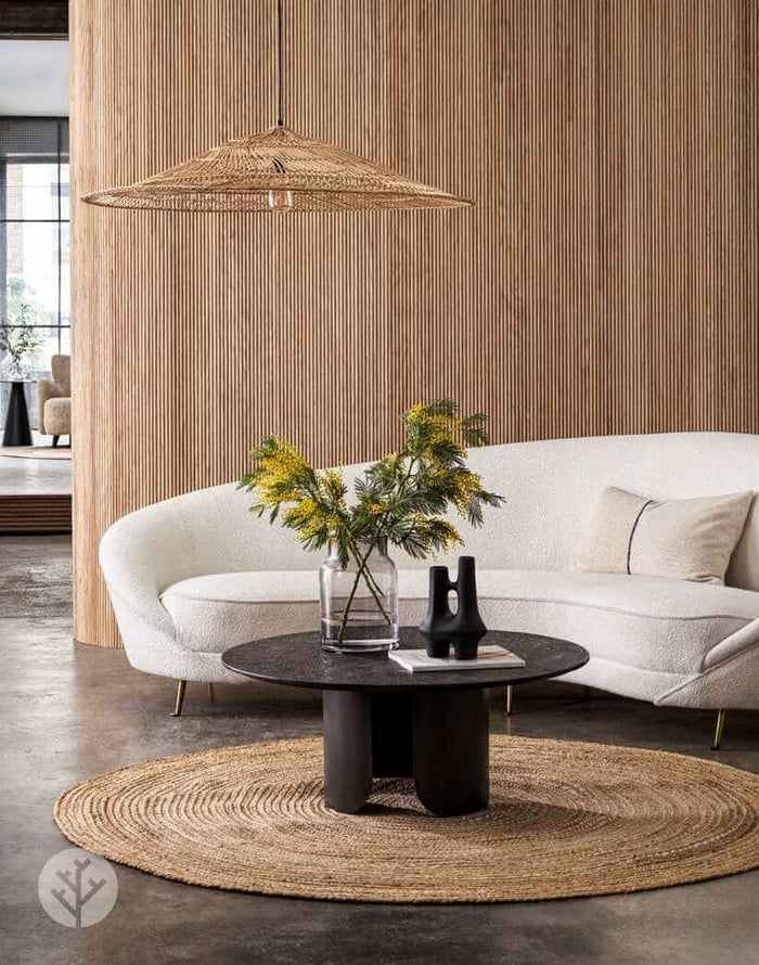 Modern living room with Oak Mini-Ridge Flexible Tambour Wood Panels showcasing luxury wall design and elegant decor elements.