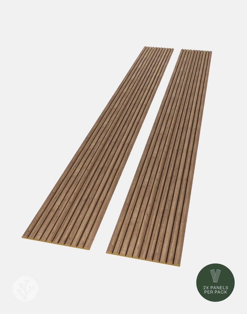 Walnut Ridge luxury wall panels with natural wood finish, designed for versatile interior use on straight or curved surfaces.