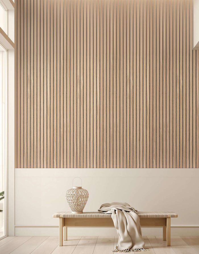 Natural Oak Grey Felt Acoustic Slat Wood Wall Panels in a modern interior setting, enhancing style and sound quality.