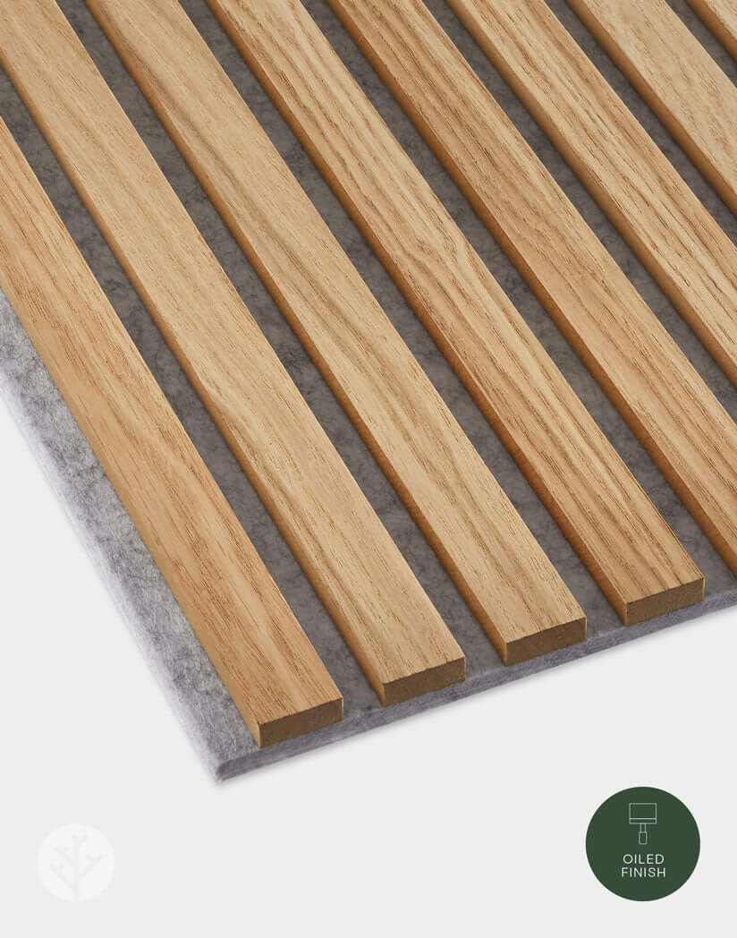 Natural Oak Grey Felt Acoustic Slat Wood Wall Panel for interior wall panelling, featuring oak slats and grey felt backing.