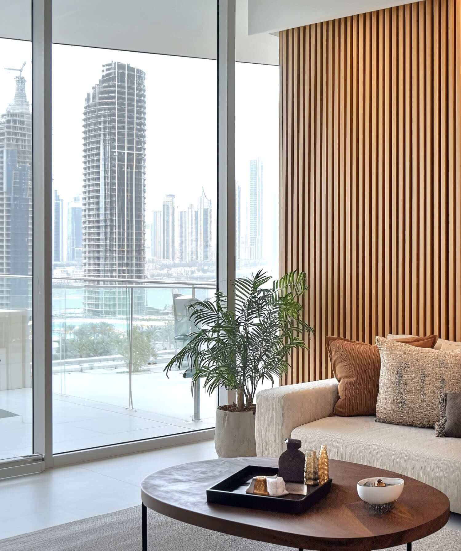 Modern living room with city skyline view, featuring a stylish sofa and coffee table, large windows, and wood panel accent wall.