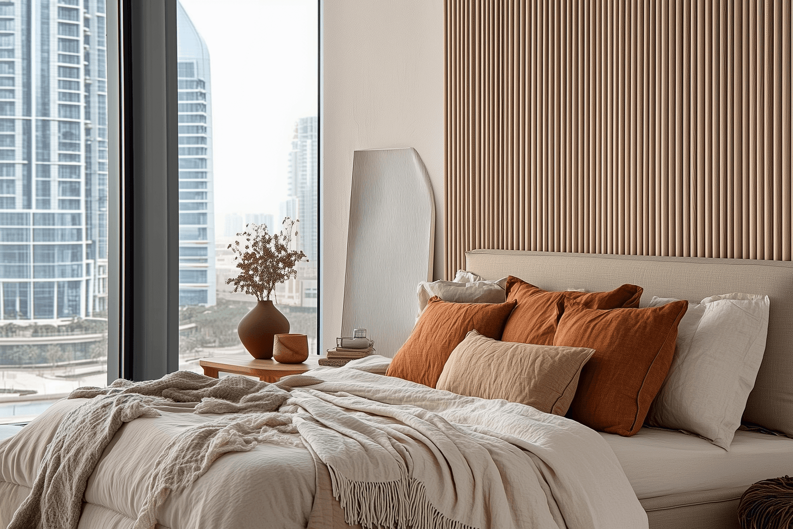 Modern bedroom with brown and beige decor, city view from large window.