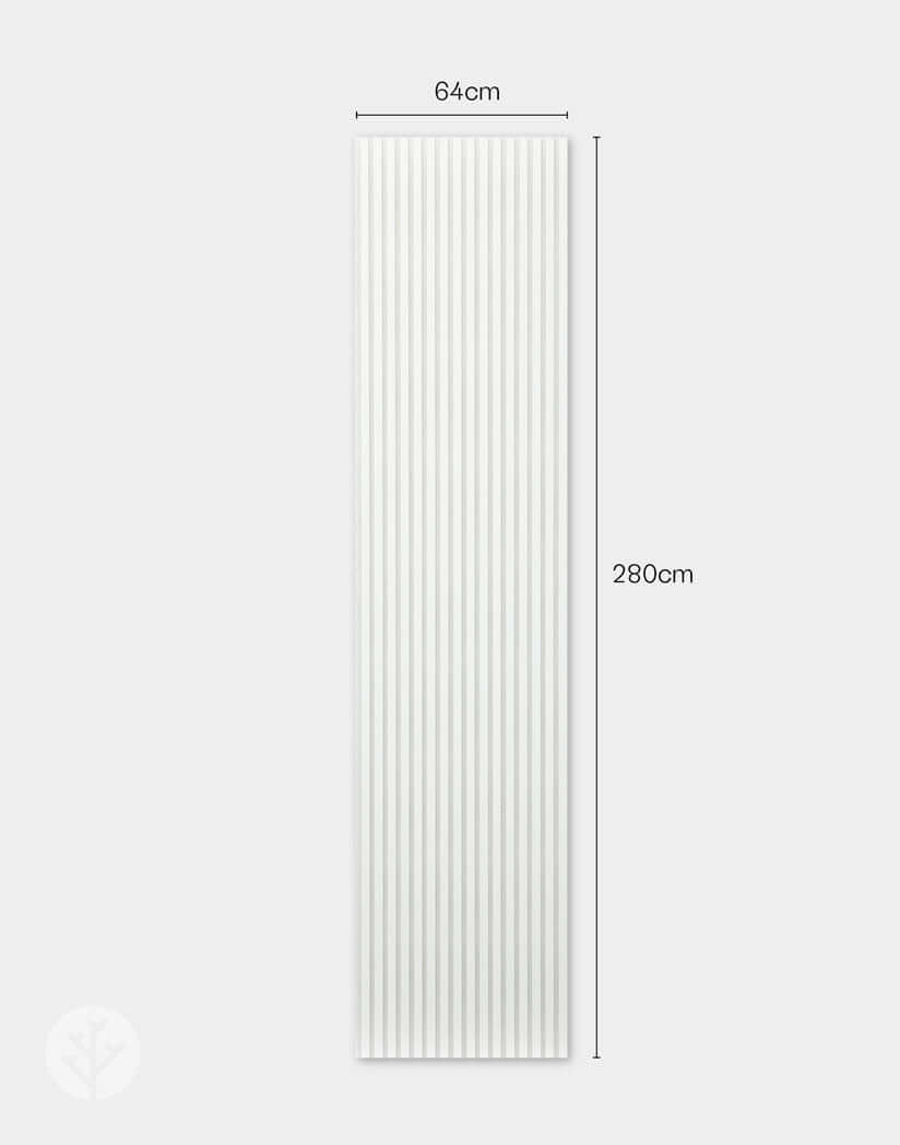 Snow White Acoustic Slat Wall Panel measuring 64cm by 280cm, ideal for modern interior wall panelling and sound quality improvement.