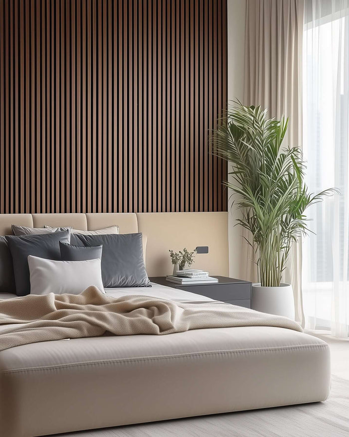 Luxurious bedroom with Natural Walnut Acoustic Slat Wood Wall Panels enhancing the interior wall decor and acoustic quality.
