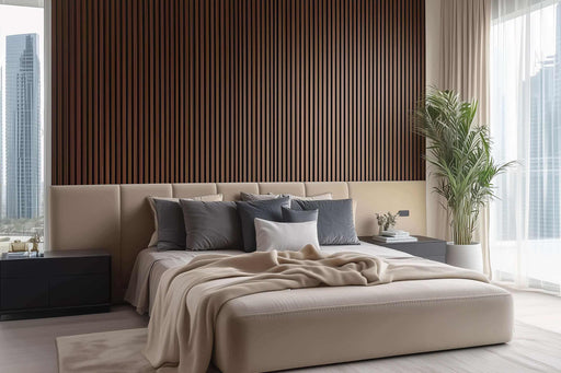 Modern bedroom with elegant decor, featuring a plush bed, striped wall paneling, pillows, and a large window with a city view.